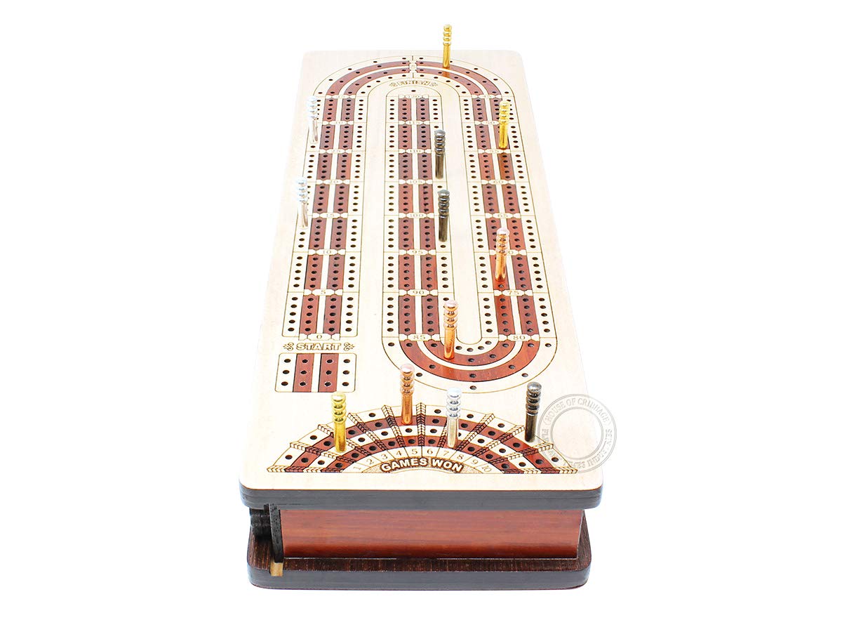 House of Cribbage - 4 Track - Continuous Cribbage Board Alphabet e Shape Inlaid in Maple Wood/Bloodwood : Size - 13.5" x 4.75" - Separate Storage