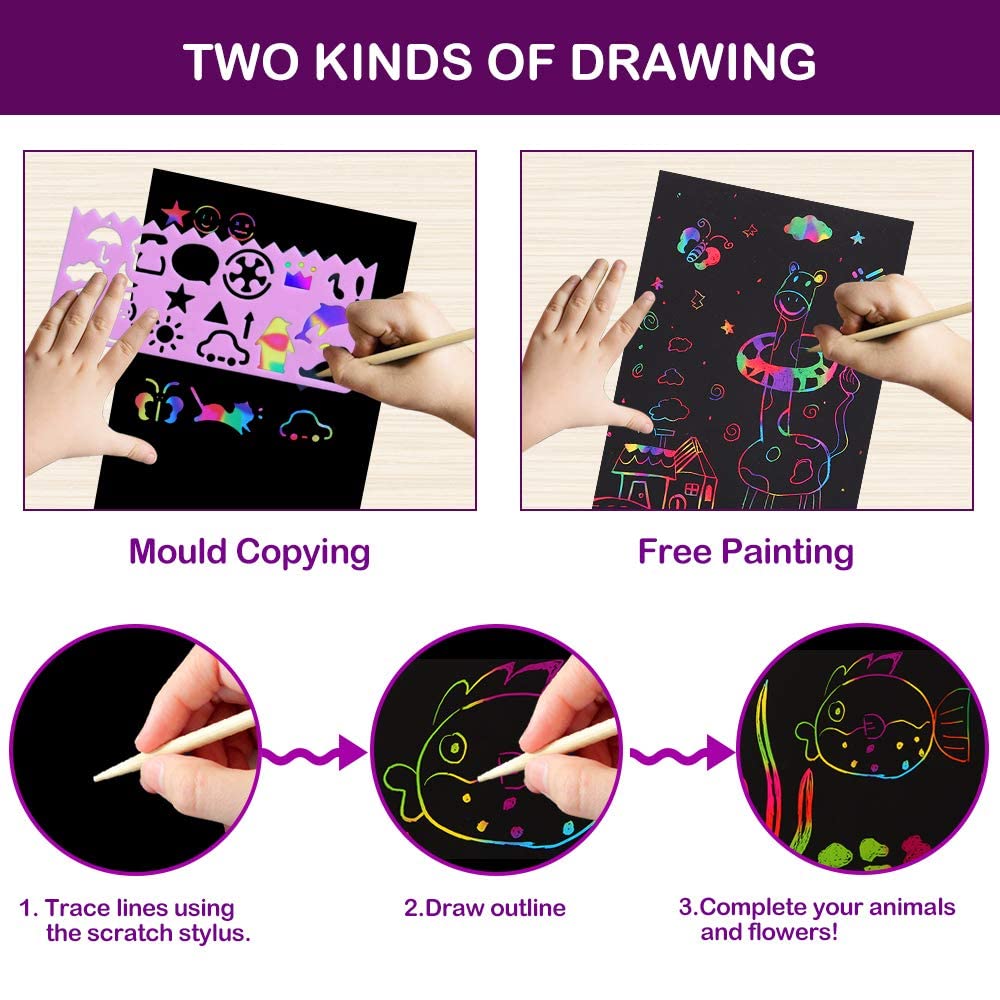 pigipigi Scratch Paper Art for Kids - 60 Pcs Magic Rainbow Scratch Paper Off Set Scratch Crafts Arts Supplies Kits Pads Sheets Boards for Party Games