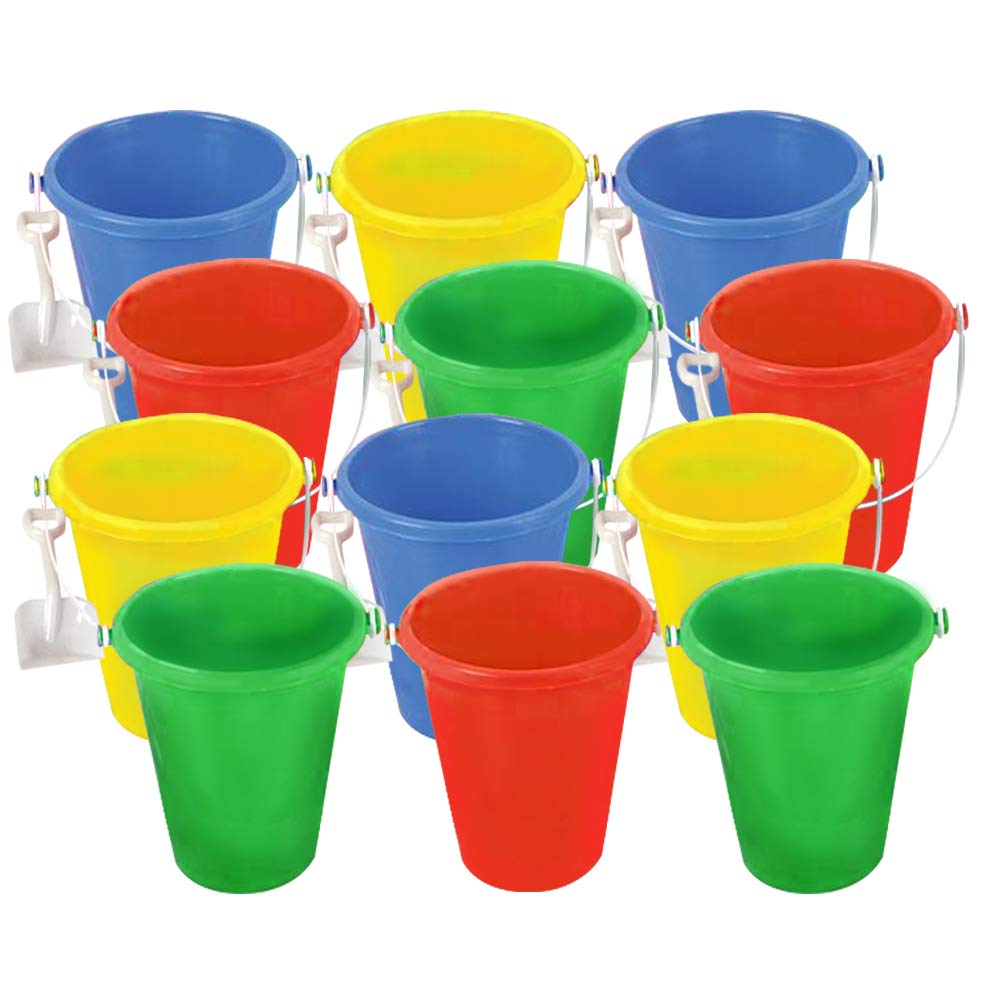 ArtCreativity 6 Inch Mini Plastic Beach Bucket and Shovel Set - Pack of 12 - Assorted Colors Buckets and White Shovels - Summer Beach Toys - Practical