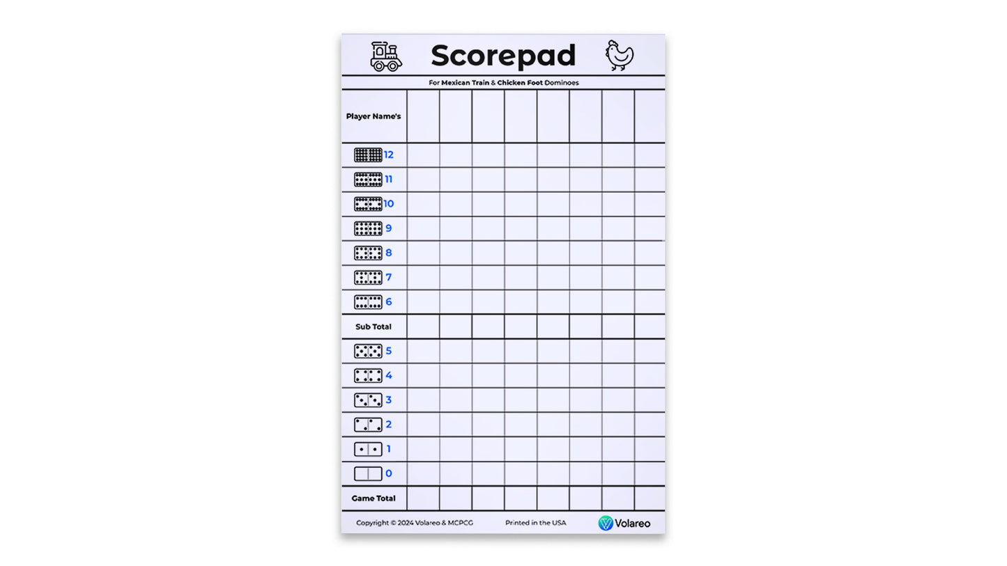 Volareo Mexican Train and Chicken Foot Dominoes Score Pad - 100 Scoring Sheets per Scorepad, 8.5 x 5.5 Inches - Score Sheets for Double 12 Domino