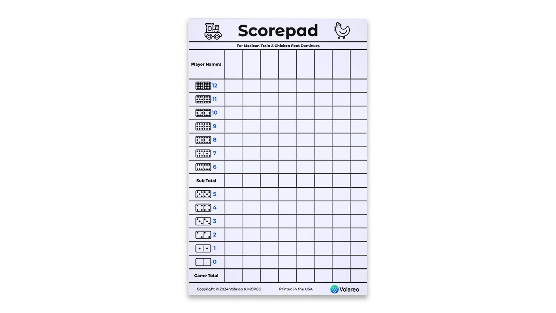 Volareo Mexican Train and Chicken Foot Dominoes Score Pad - 100 Scoring Sheets per Scorepad, 8.5 x 5.5 Inches - Score Sheets for Double 12 Domino