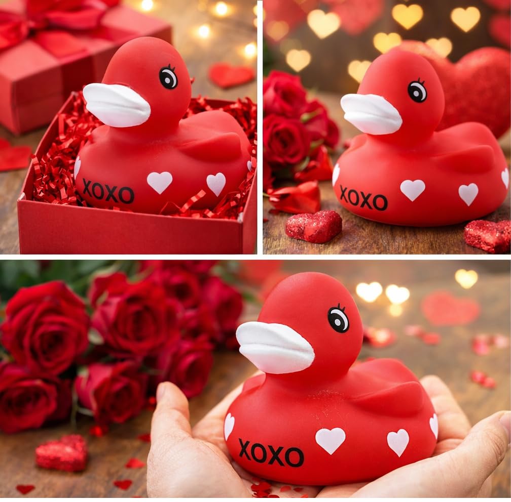 4E's Novelty 3" Valentines Rubber Duck - 2 Pack Large Red XOXO Sweetheart Ducky for Romantic Decoration, Jeep Ducking, Bath Toy, Cake Topper, Party