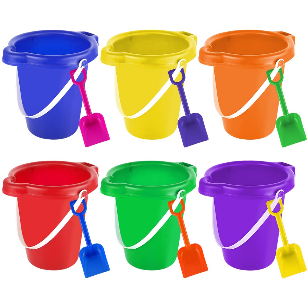BeneFine Large Sand Pail with Shovel, 7'' Large Size Sand Water Bucket for Beach Fun Great Summer Party Accessory(6 Bucket + 6 Shovels)
