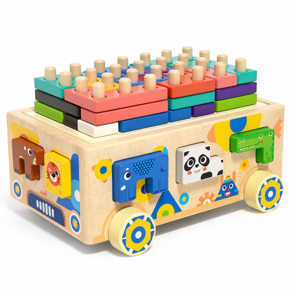 Wooden Montessori Toddler Toy Car Animal Shape Sorting & Peg Stacking Blocks Educational Learning Toy for Toddlers Ages 2-4 Fine Motor Skills