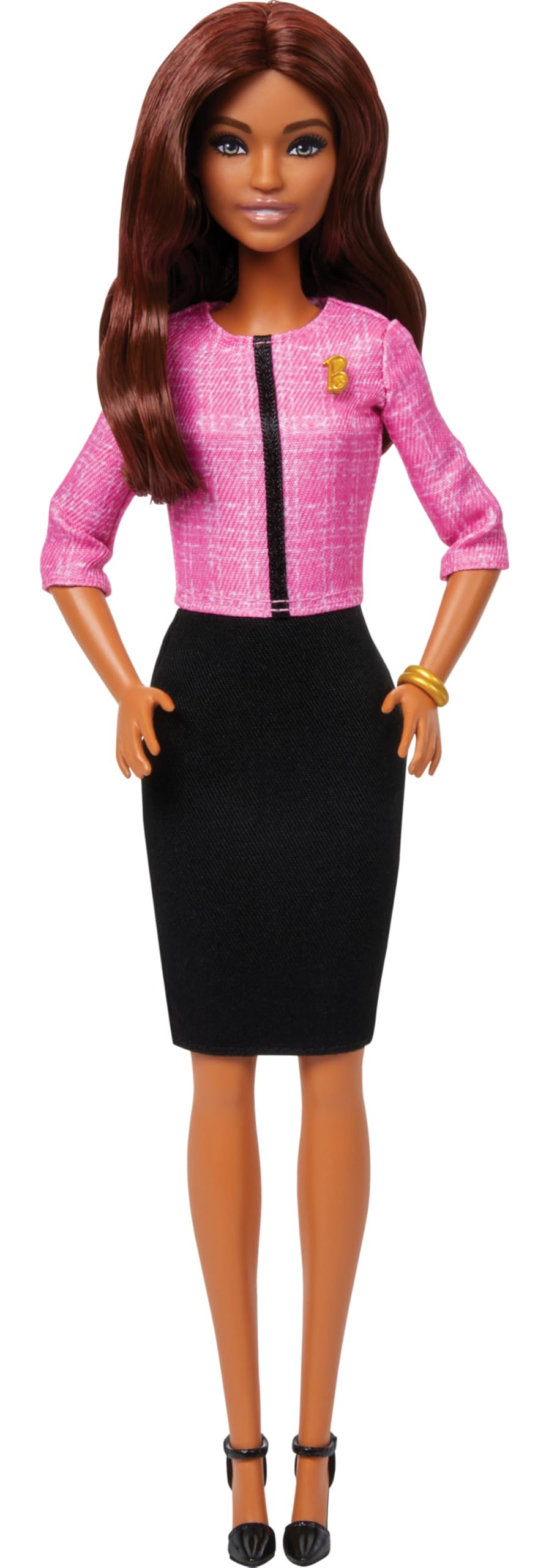 Barbie Careers Doll & Accessories, Future Leader with Light Brown Hair Wearing Outfit with 2 Golden Bracelets & “B” Pin, Includes Sticker for Kids