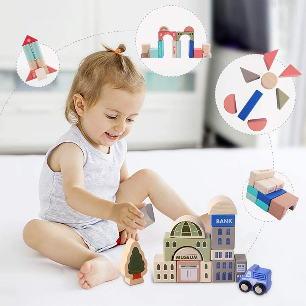 umbresen 115 Pcs Wooden City Building Blocks Set, Colorful Stacking Preschool Educational Toys for Toddlers Boys Girls Gifts with 20 Pcs Floor Jigsaw