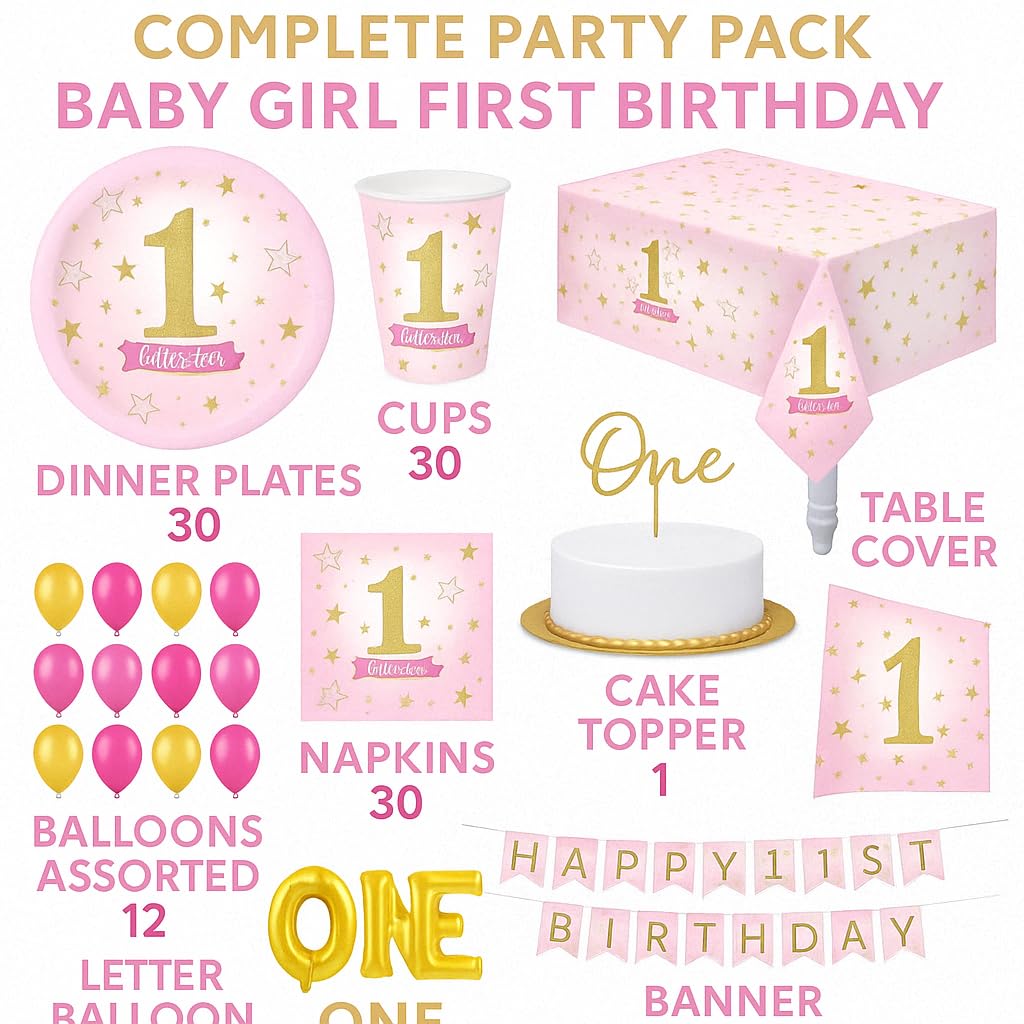 Oojami 1st Birthday Party Supplies for Girls - Serves 30, Plates, Cups, Napkins, Table Cover, Balloons, Banner, One Letter Balloon - First Birthday