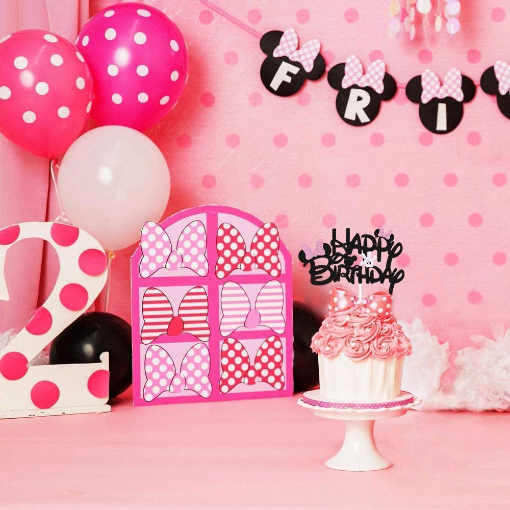 Black Glitter Minnie Inspired Happy Birthday Cake Topper with Pink Bows and White Gloves Girls Birthday Party Decorations Supplies