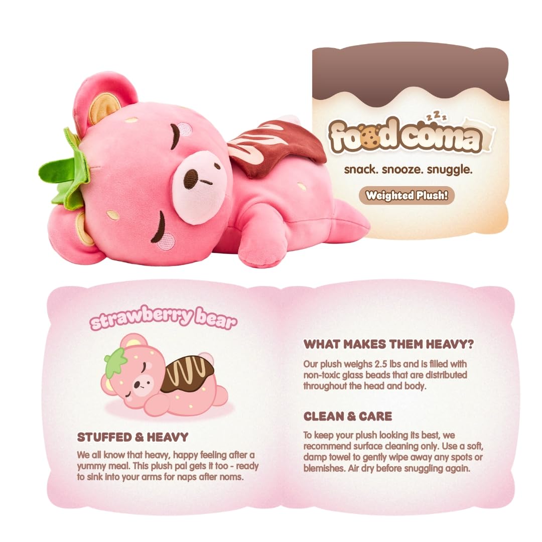 PlushGoals Food Coma Strawberry Bear Weighted Plush Teddy - 2.5 lb, 12"