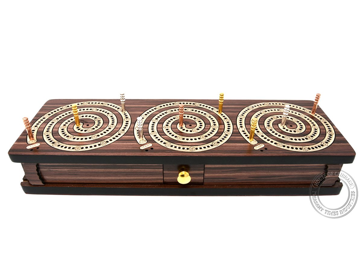 House of Cribbage - 3 Track - Spiral Design Continuous Cribbage Board/Box Inlaid in Rosewood/Maple Wood - Separate Storage Space for Two Deck of Cards