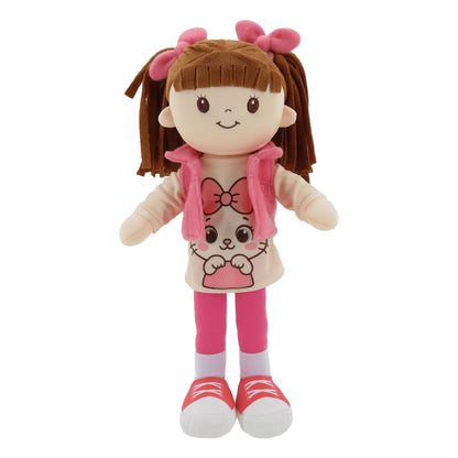 Linzy 15" Little Sweet Hearts Molly Doll, My First Doll Plush Rag Doll for Girls - Soft Baby Doll with Braided Pigtails & Bows, Washable Sensory Cloth