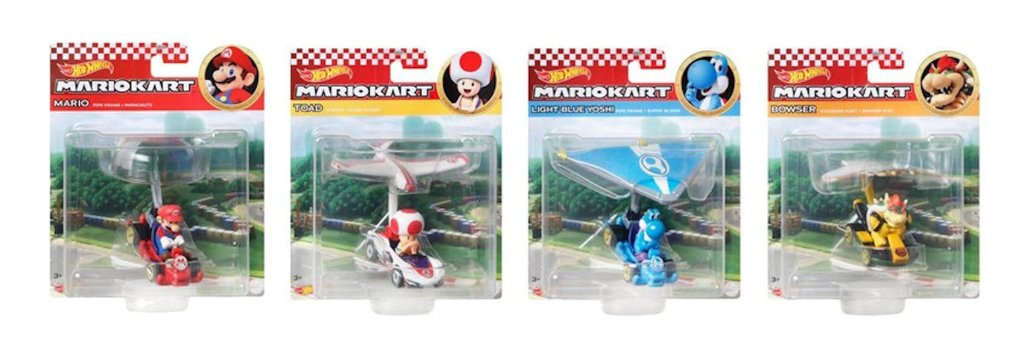 Hot Wheels Mario Kart Character Gliders -Bundle of 4: Bowser, Light?Blue Yoshi, Mario & Toad | Die?Cast Figures with Glider Attachments | Display