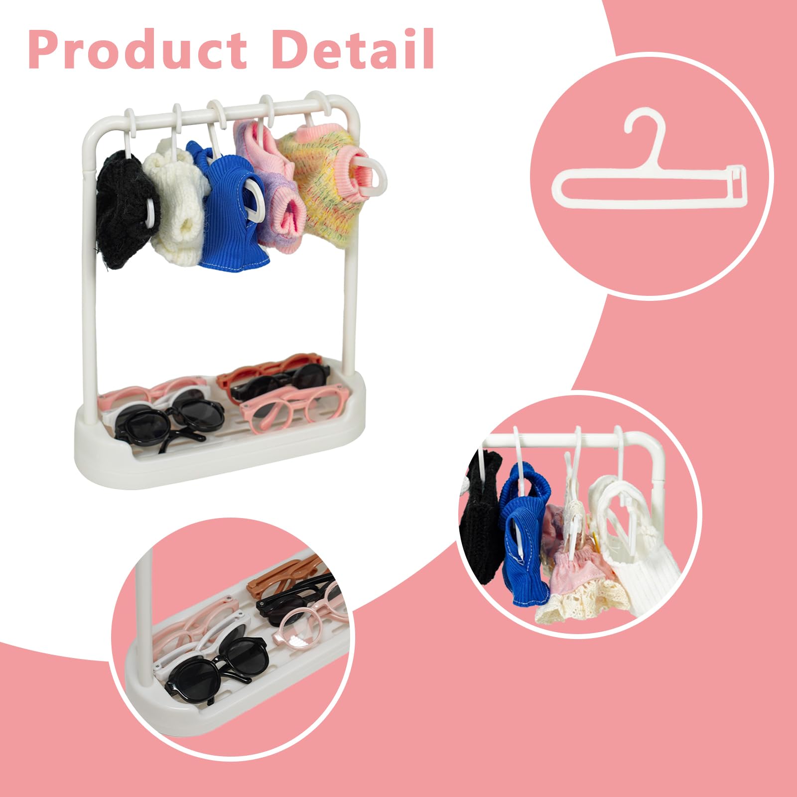 Satakara Doll Clothes Hanger & Rack Set - 2 Stands + 10 Hangers, Durable Plastic Dolls Wardrobe Organizer for Dollhouse Decor, White