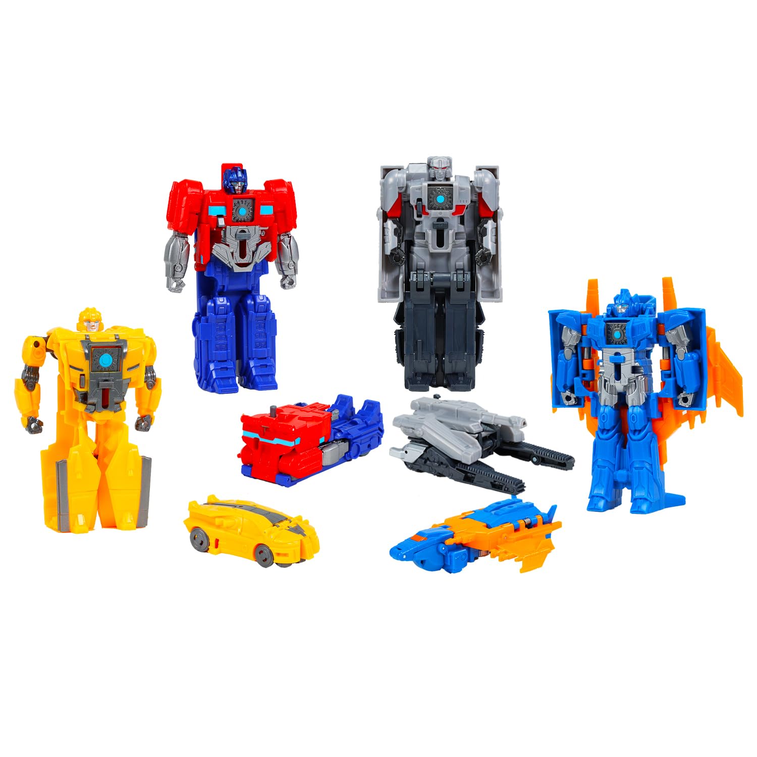 Transformers 1 Step Flip Changers Earthspark Action Figure Set - Bundle of 4 Toys: Wheeljack, Optimus Prime, Megatron, Terran Twitch, Stickers, More