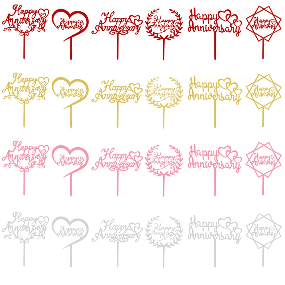 24Pcs Happy Anniversary Cake Topper Multicolour Acrylic Wedding Anniversary Cake Topper for Wedding Retirement Anniversary Celeration Party