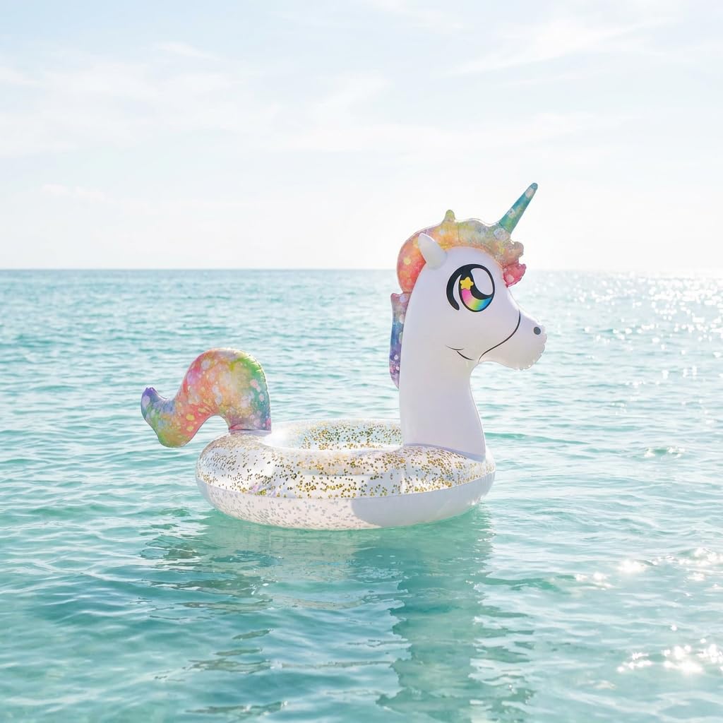 PoolCandy Inflatable 42" inch Animal Pool Tubes and Swim Rings (Rainbow Unicorn with Glitter Inflatable 42" inch Pool Tube)