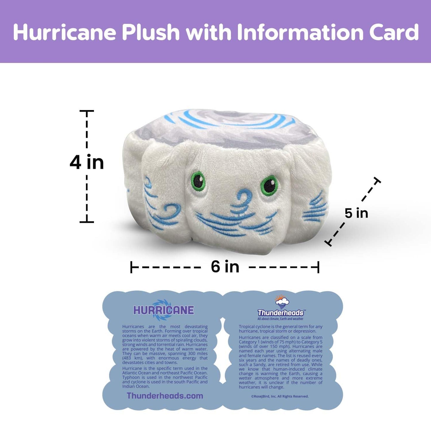 Thunderheads Hurricane Plush, Weather-Inspired Educational Soft Collectible with Fact Card, Earth-Based plushie, STEM Learning Tool for Curious Minds