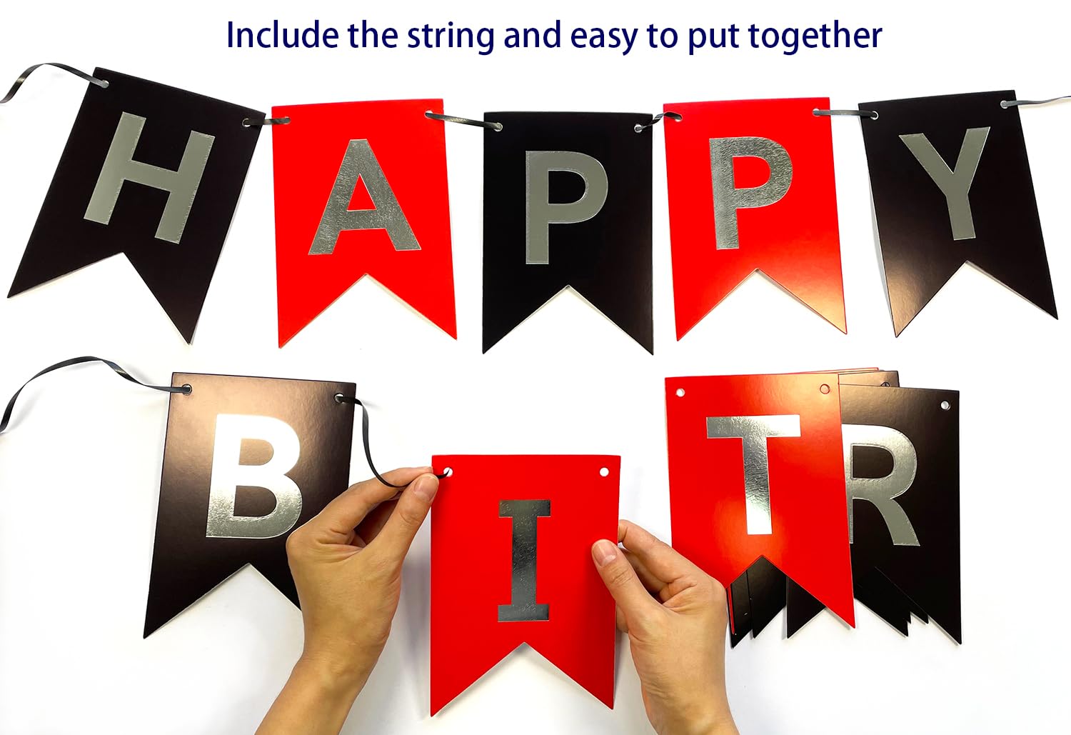 Runhiskii Happy Birthday Banner, Red Black Cardstock Decorations, 13pcs Reusable Banner for Men Women Boys Girls