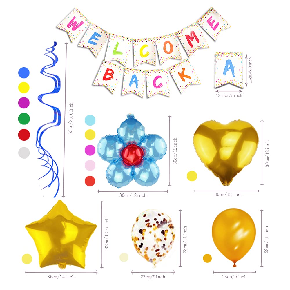 Welcome Back Sign Banner Decoration Kit Including Welcome Back Banner Flower Star Heart Shape Balloons Gold Confetti Glitter Balloons and Hanging