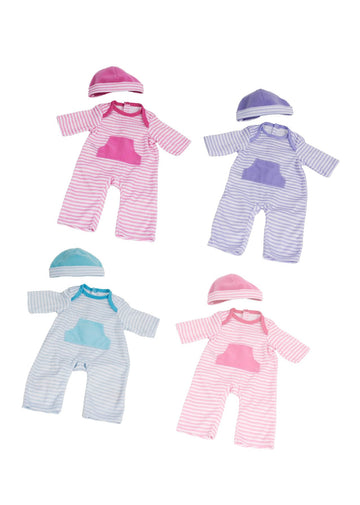 JC Toys | 4 Assorted Baby Doll Rompers and Hats | Pink + Blue + Light Pink + Purple | | Ages 2+ | Fits Dolls 14"-16""