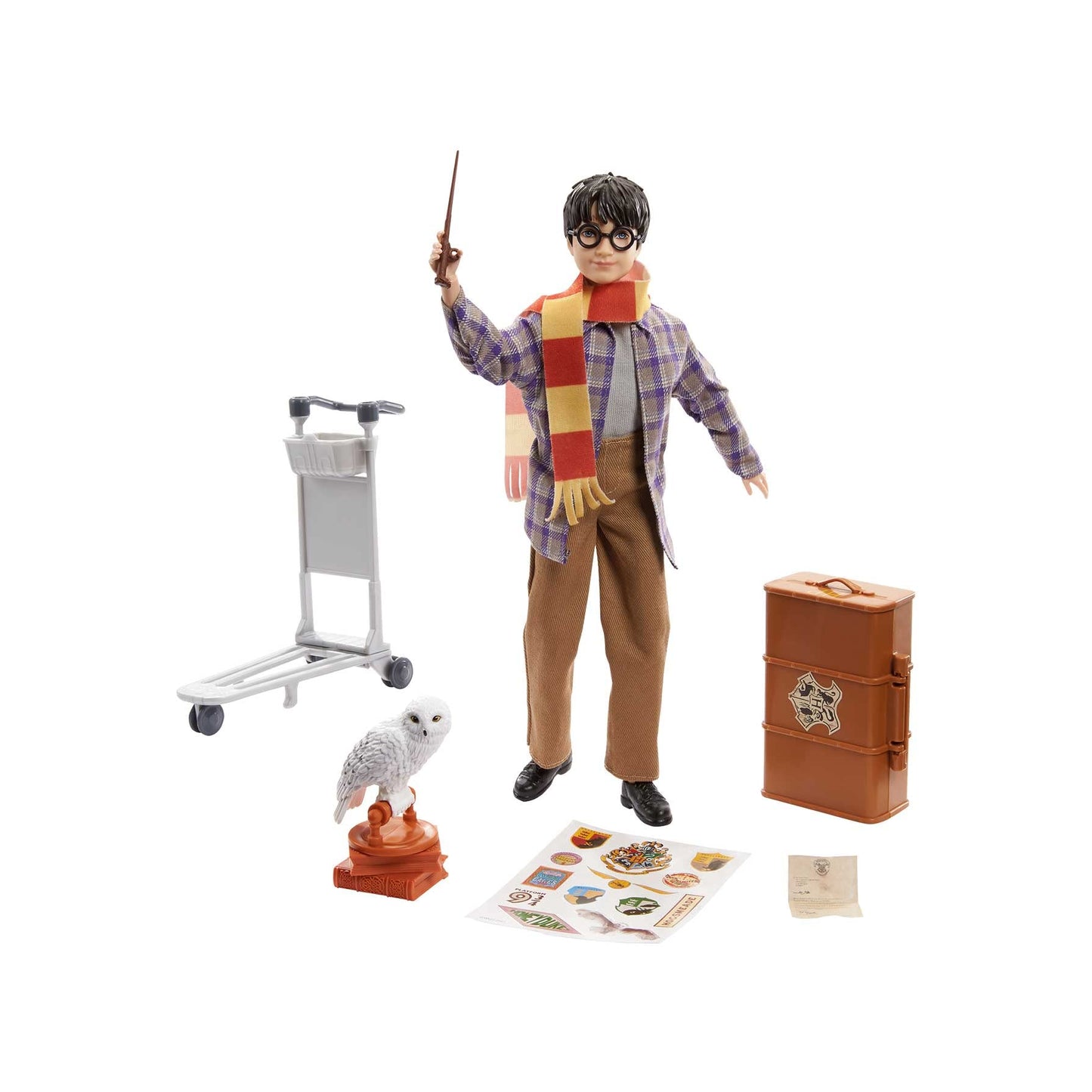Mattel Harry Potter Collectible Platform 9 3/4 Doll (10-inch), Posable, Wearing Travel Fashion, with Hedwig, Luggage & Accessories, Gift for