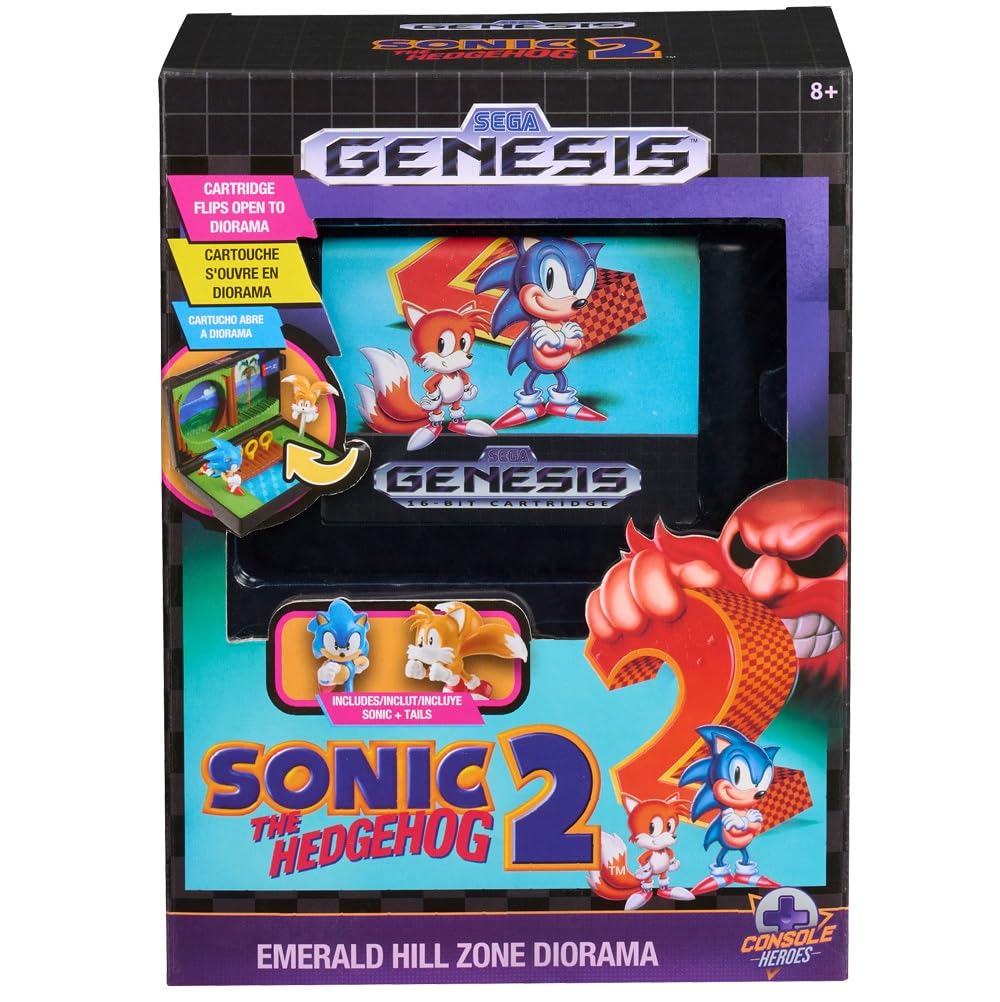 Console Heroes Sonic the Hedgehog 2 Collectible Diorama Playset - Mini Sonic & Tails Figures with Emerald Hill Zone Scene - Retro SEGA Genesis