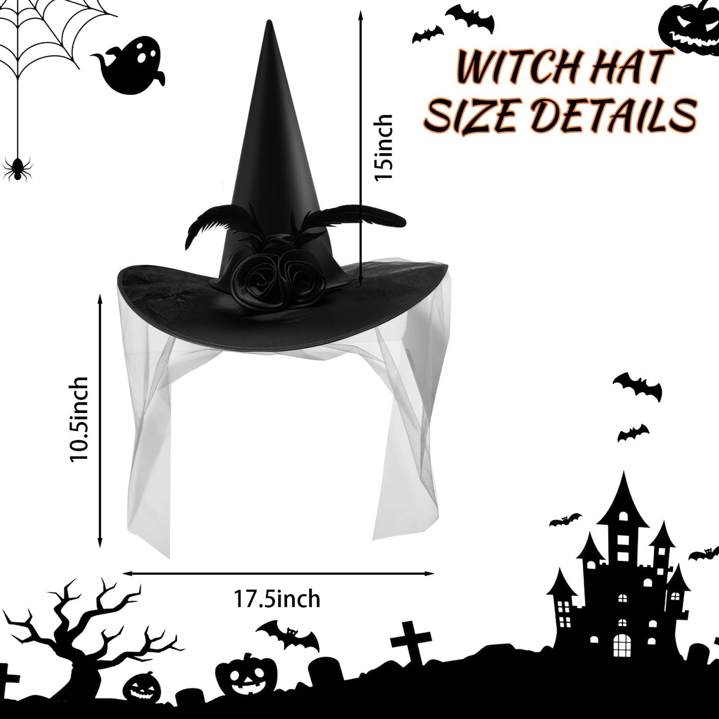 JUSTOTRY Witch Hat for Costume Party & Halloween - Women's & Girls' Black Witch Costume Hat with Roses, Feathers & Iron-on Design, Size 1PBL(Black