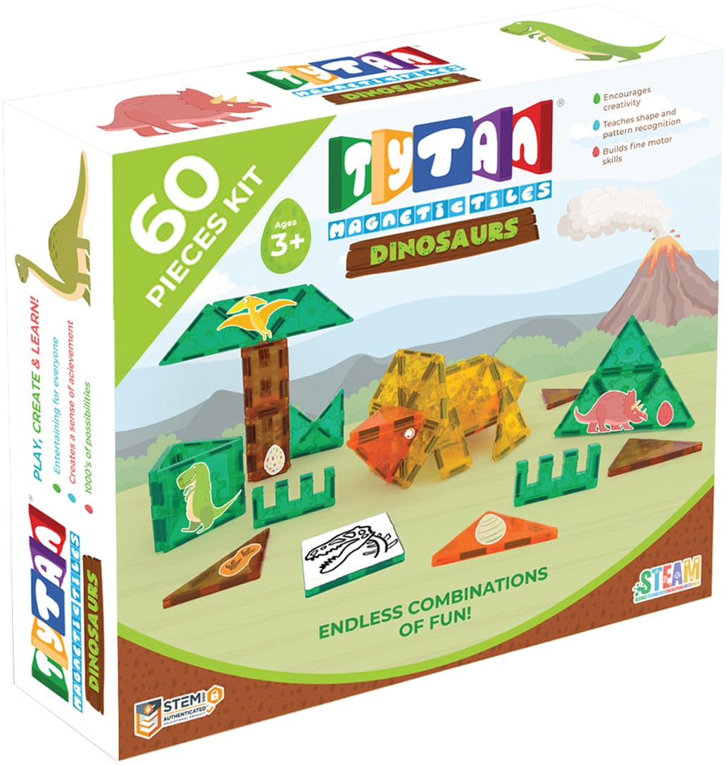 Tytan Tiles Dinosaurs 60-Piece Magnetic Tiles Building Set, Dino Safari Land Kids’ STEM Toy, Creative Play, Shape & Pattern Recognition, Fine Motor