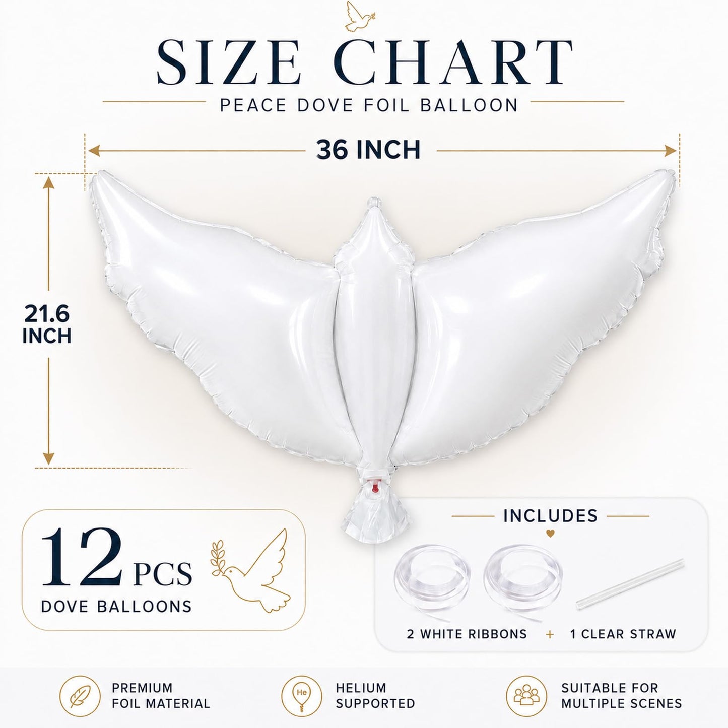 12 Pieces 36 Inches Large White Peace Dove Balloons Aluminum Foil Pigeon Bird Balloons for Wedding Engagement Funeral Memorials Remembrance Charity