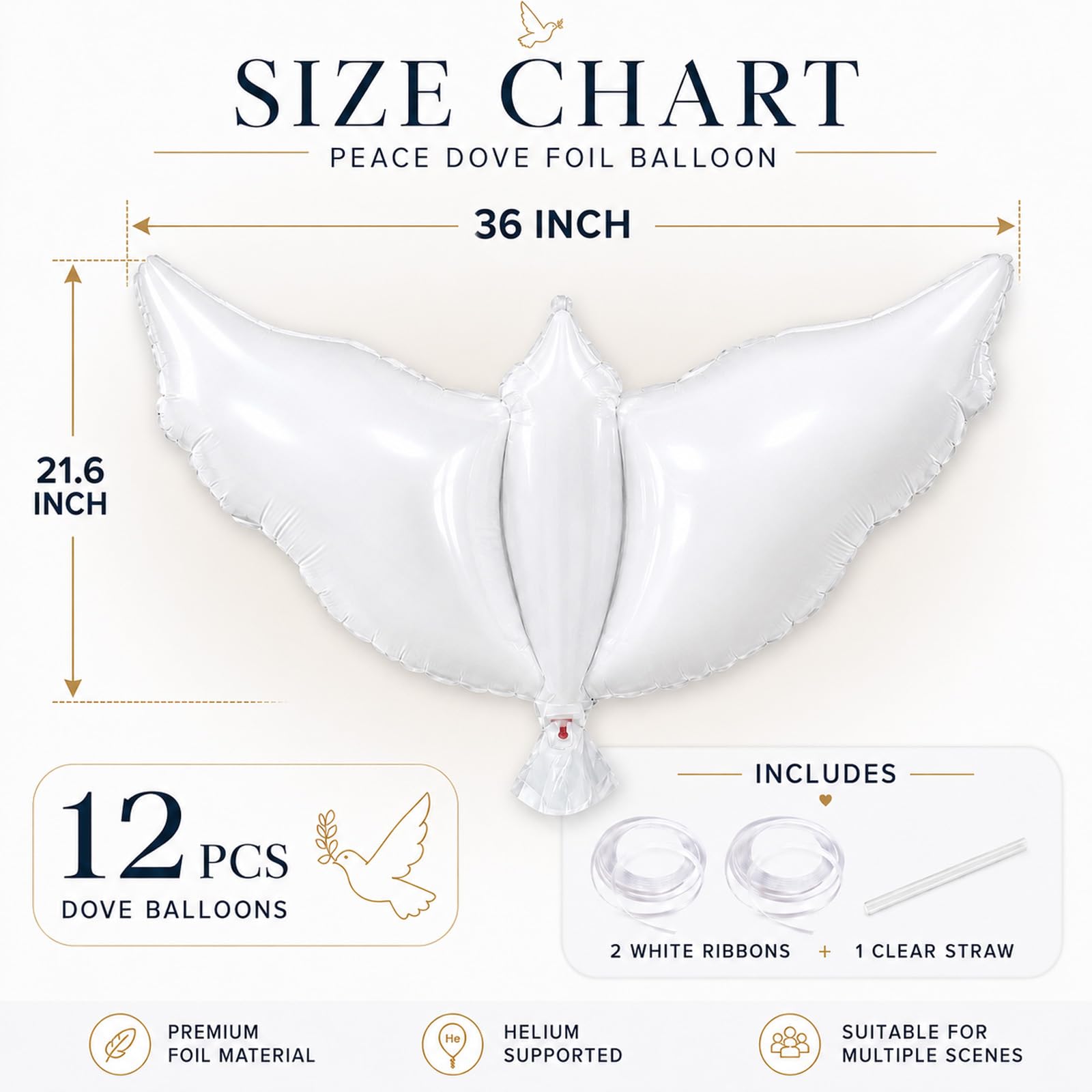 12 Pieces 36 Inches Large White Peace Dove Balloons Aluminum Foil Pigeon Bird Balloons for Wedding Engagement Funeral Memorials Remembrance Charity