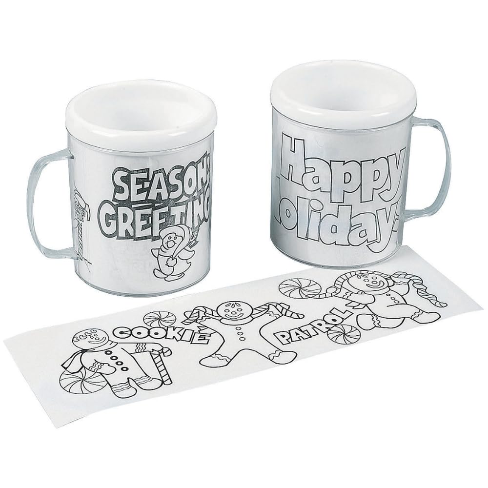 Fun Express Christmas Mugs Set of 4 Kids - 12 Pack Color Your Own Holiday Artist Plastic Mugs with Handles | Craft Kits for Christmas Party Activities