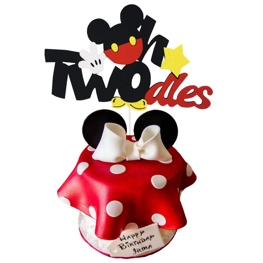CHuangQi Oh Two-dles Felt Fabric Cake Topper, Mouse Themed 2nd Birthday Cake Decor, Second Birthday Party Supplies