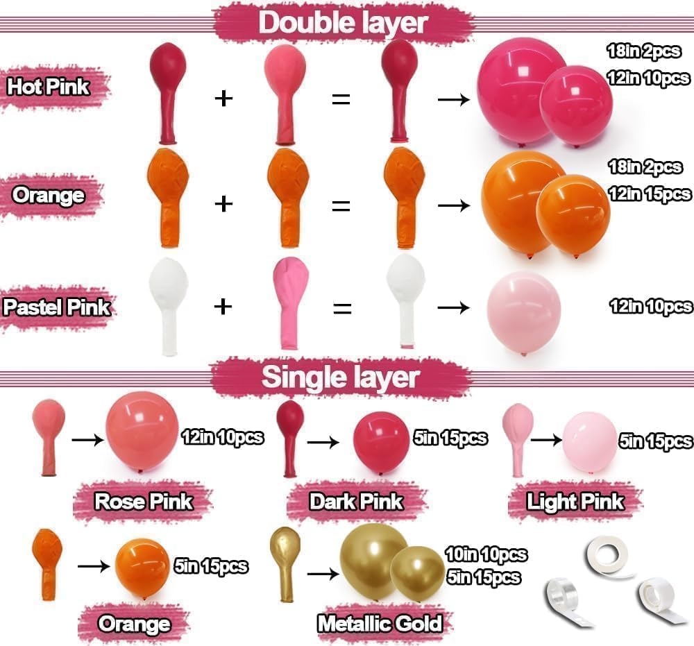 Pink Orange Balloon Garland Double Stuffed Hot Pink Orange Gold Metallic Pastel Balloon Arch Kit for Birthday Baby Bridal Shower Wedding Summer