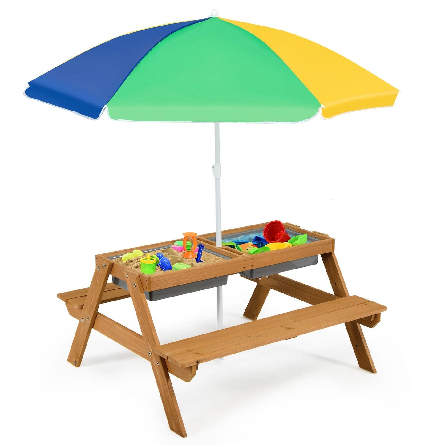 ARLIME Sand and Water Table - 3-in-1 Kids Picnic Table with Height Adjustable Umbrella, Removable Table Top & 2 Detachable Game Boxes, Water Play