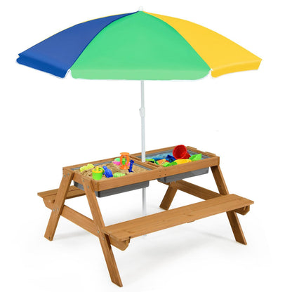 ARLIME Sand and Water Table - 3-in-1 Kids Picnic Table with Height Adjustable Umbrella, Removable Table Top & 2 Detachable Game Boxes, Water Play
