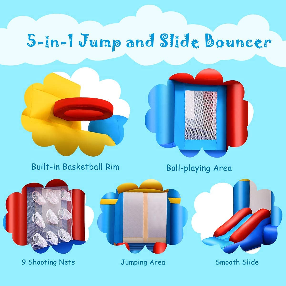 GOFLAME Inflatable Bouncing Castle with Ball Pit, Large Sliding and Jumping Area, Jumping Bouncing House with Basketball Hoop and Ball Shooting Nets