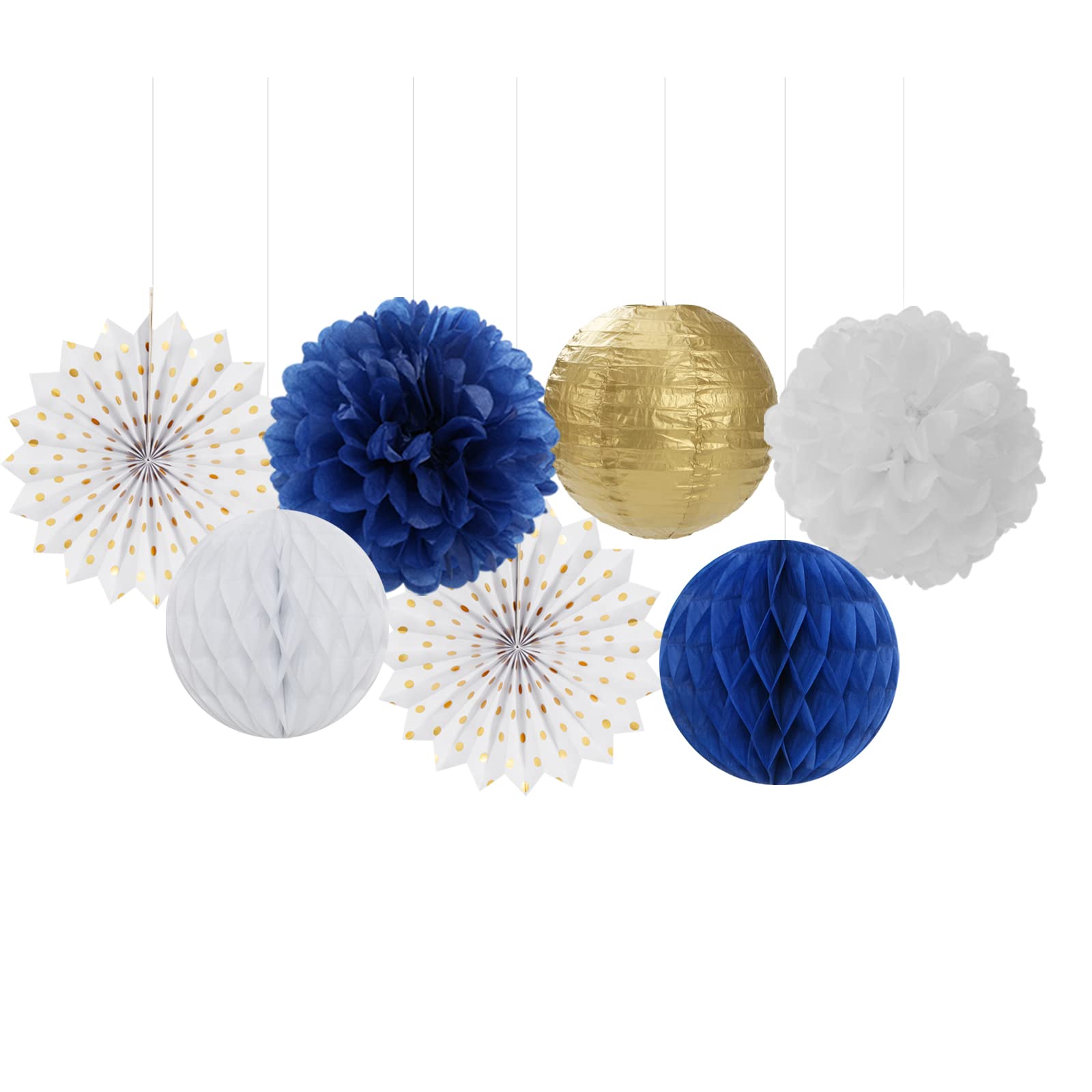 Navy-Blue White Gold Party Decorations - 14pcs Kits Paper Lanterns Fan,Tissue Flower Pom Poms Streamers,Honeycomb Balls,Graduation 2026 Men Birthday