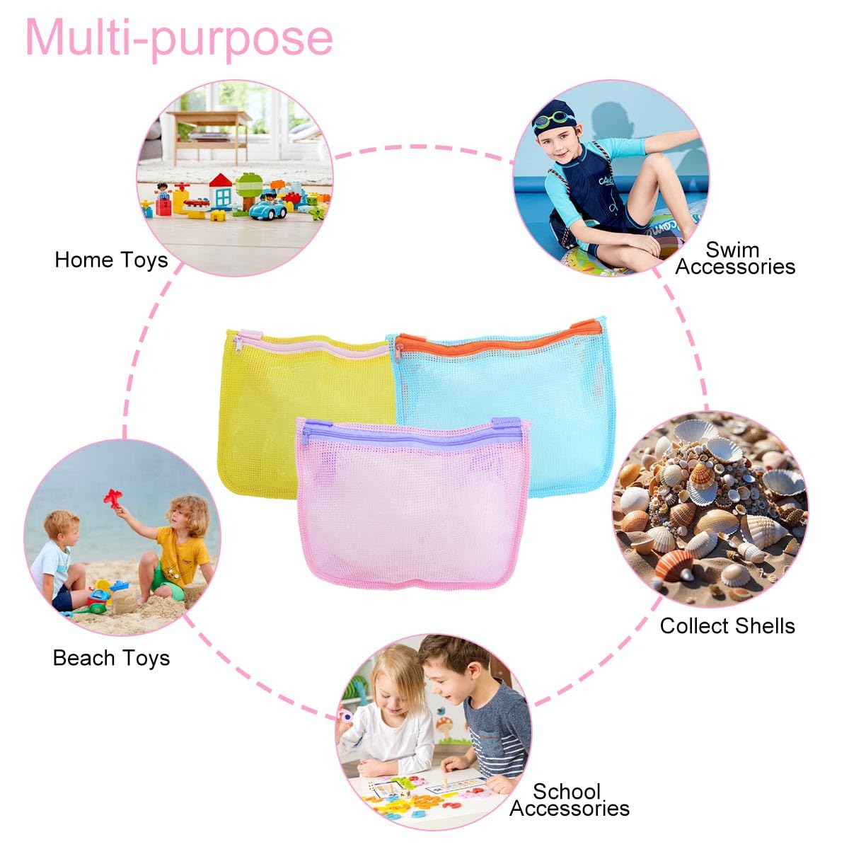 NEUROVYRAL 3 Pcs Seashell Collecting Bag for Kids, Beach Bag Beach Toys with Zipper Collapsible Mesh Adjustable Shoulder Straps for Kids Picking Up