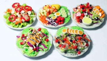 Set 5 Assorted Dollhouse Miniature Salad,Tiny Food On Ceramic Plate, Dollhouse Accessories for Collectibles