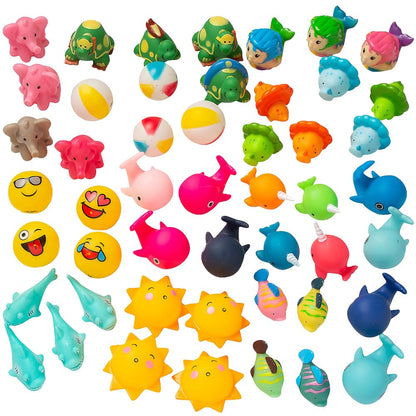 Fun Express Vinyl Squirt Assortment 50 Piece Pool Toys for Kids - Bath Water Toys Bulk Pack | Summer Pool Party Favors for Toddlers | Baby Bath