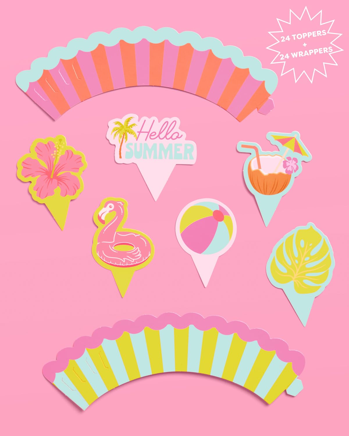 xo, Fetti Pool Party Cupcake Toppers and Wrappers - 24 Pc Set | Summer Birthday Decorations, Tropical Luau, Hawaiian Theme, Kids Party, Beach Ball