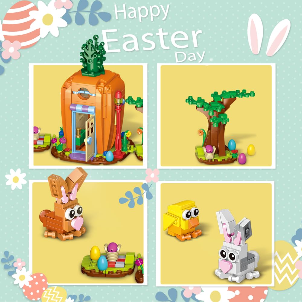 Jarsant Easter Bunny Carrot House Building Set, 2 Rabbits, Chick, Colorful Easter Egg and Basket Toy, Building Blocks Kit Ornaments Gift for Boys