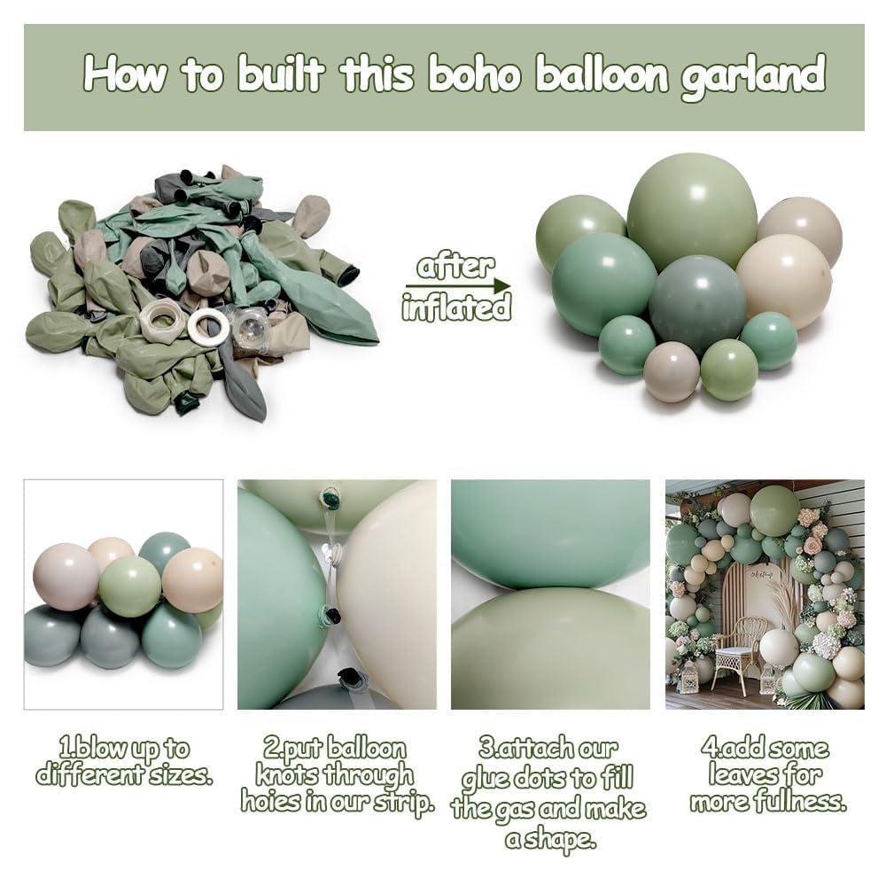 Dusty Green White Sand Balloon Garland - Double Stuffed Light Sage Green White Cream Balloon Arch Kit Latex Olive Beige Balloons for Baby Shower