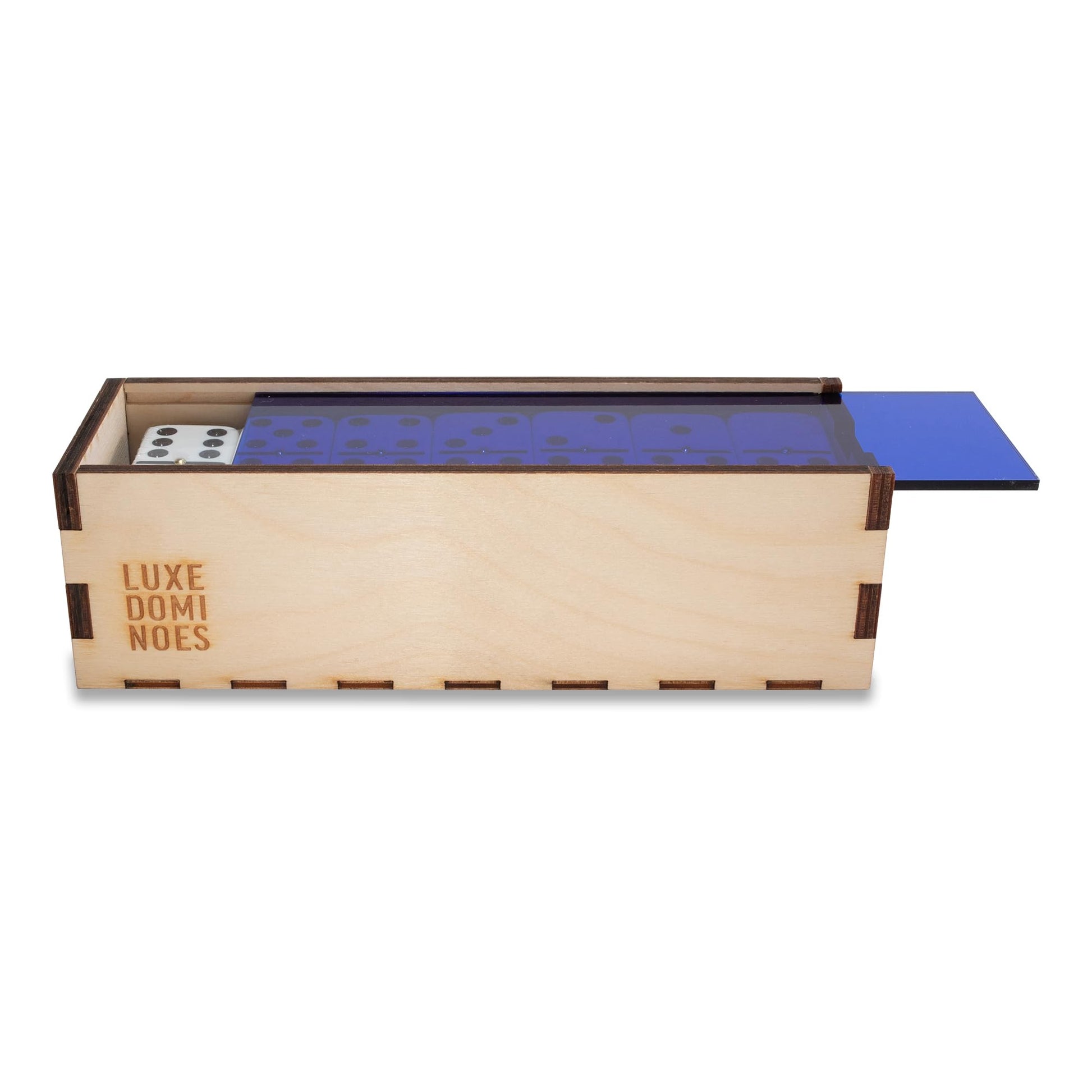 Deluxe Modern Domino Set Double Six, with Jumbo Sized Tournament Dominoes Black and White Two Toned with Spinner (Rivets) in Wood Box with Acrylic Top