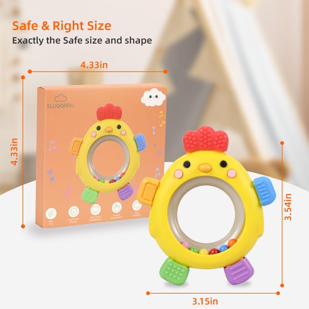 Baby Teether Rattle Toy,Babies Teething Rings Toys for 0-6 6-12 Months,Chicken Shape Textured Silicone Chew Toy for Gum Relief,Silicone Teether,BPA