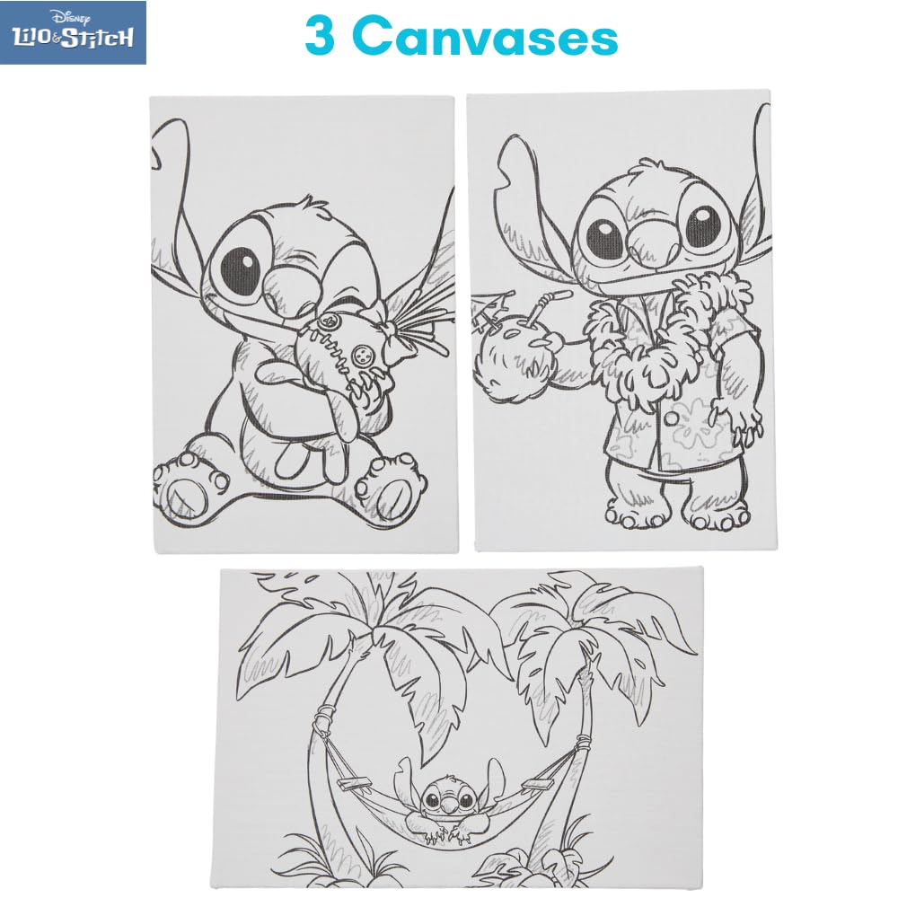 Innovative Designs Disney Lilo and Stitch Canvas Paint Set for Kids with 3 Canvases, Acrylic Paint, Paintbrush, & Easel