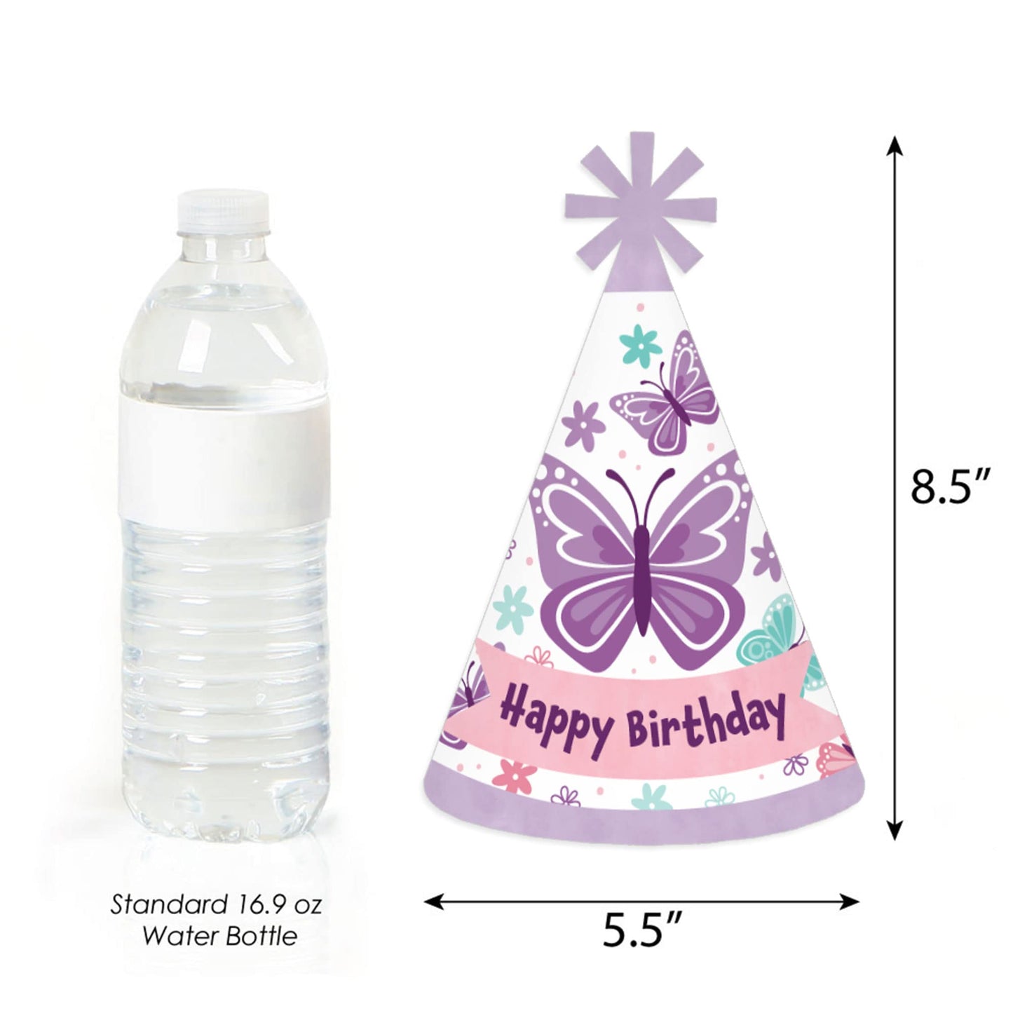 Big Dot of Happiness Beautiful Butterfly - Cone Happy Birthday Party Hats for Kids and Adults - Set of 8 (Standard Size)