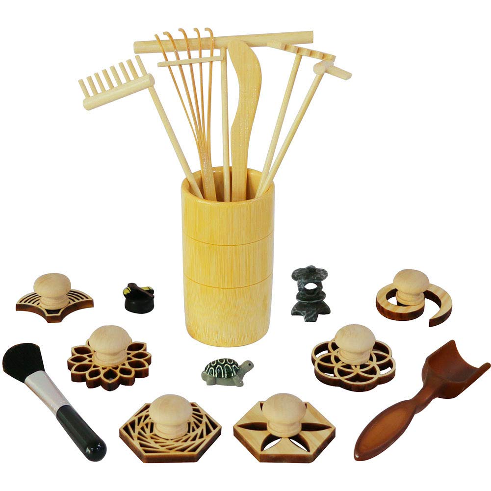 Zen Garden Rake Stamp Tools - Meditation Rock Sand Garden Accessories - Office Desktop Mini Zen Gifts for Man Women Bamboo Rakes Holder Brusher Spoon