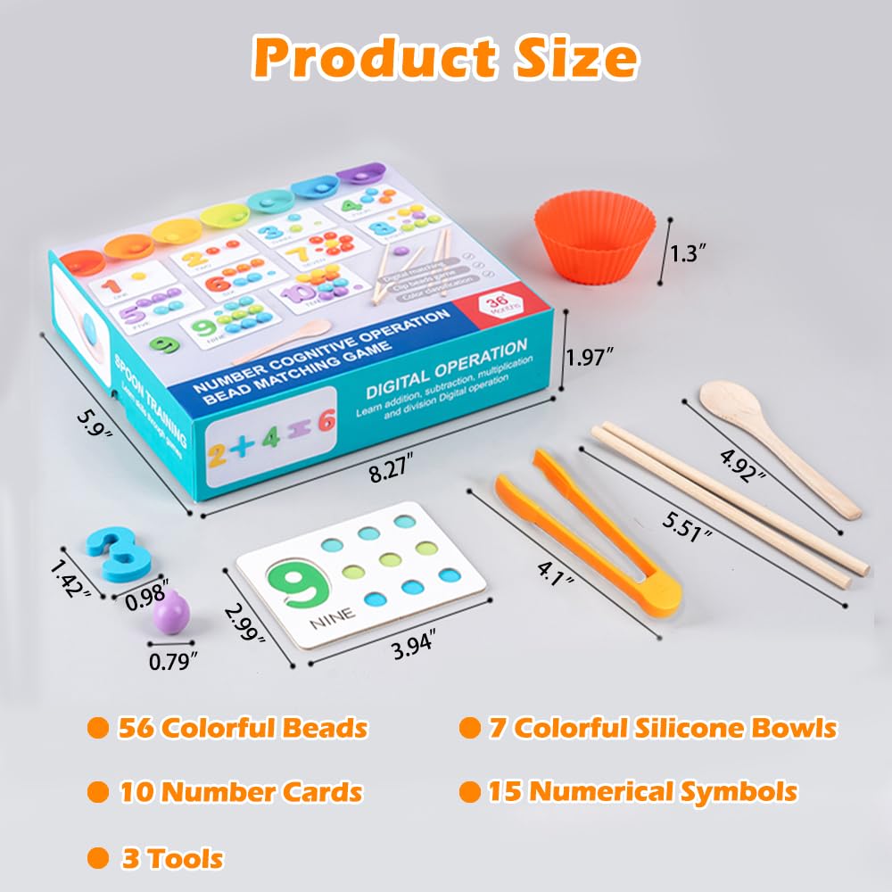 SWIMDOG Montessori Arithmetic Math Toy Set, Toddler Wooden Montessori Toys for 2 3 4 5 6 Years Old, Number Cognitive Clip Bead Matching Game, Boy Girl