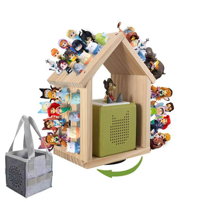 Givilio Tonie Shelf 360° Swivel Base SpinLodge House Rotating Wooden for Toniebox1&2, Magnetic Figures with Strong Magnets, Wall-Mountable Toniebox